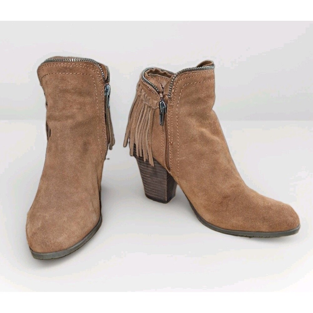 DV Dolce Vita Women's Brown Suede Fringe Ankle Boots Side Zip Stacked Heel Sz 6